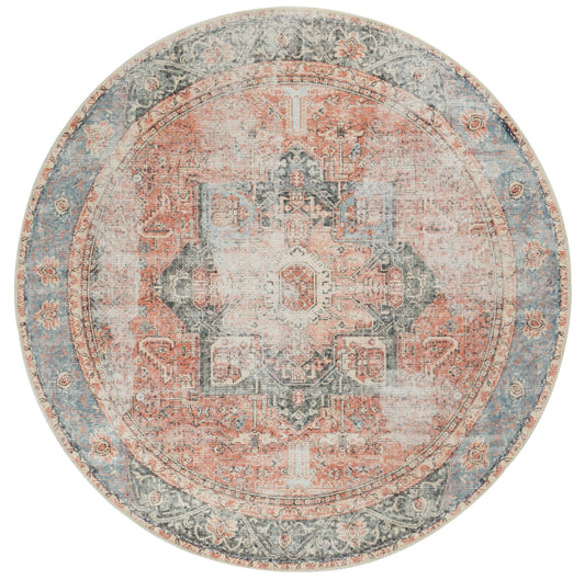 Distressed Vintage Cezanne Terracotta Blue Washable Round Rug - VITAL 1610-01